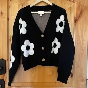 Y2K Daisy Jacquard Cardigan Black White Floral Indie Coquette Twee Cropped L